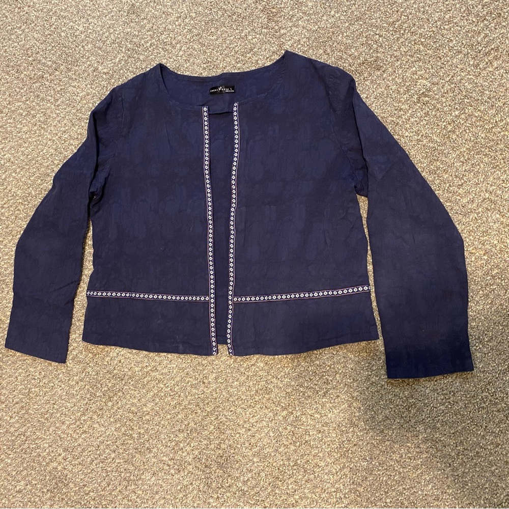 Emery Rose Womens Sz L Jacket Blazer Open Front Blue w Colorful Trim EUC